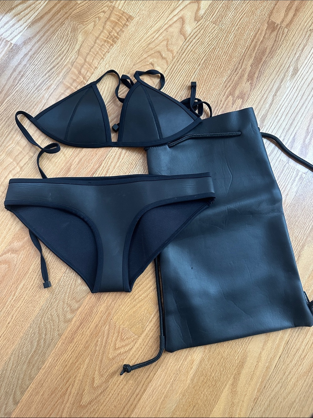 triangl swimwear Black Neoprene Triangle Bikini Set with drawstring bag